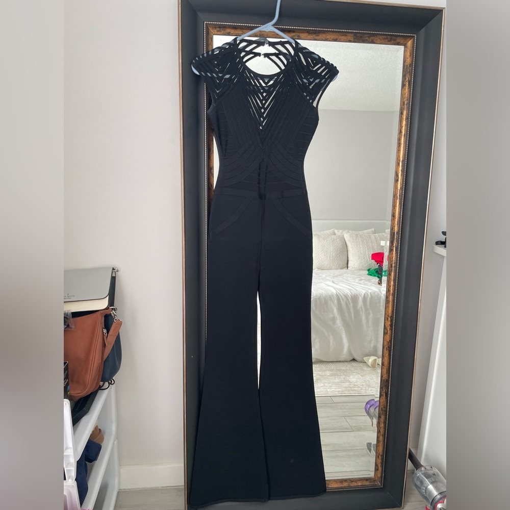 Herve Leger Black Marian Bandage Wide-Leg Flare Jumpsuit - Picture 7 of 7